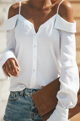 Solid Buckle Flounce Off the Shoulder Tops(4 colors) Sai Feel